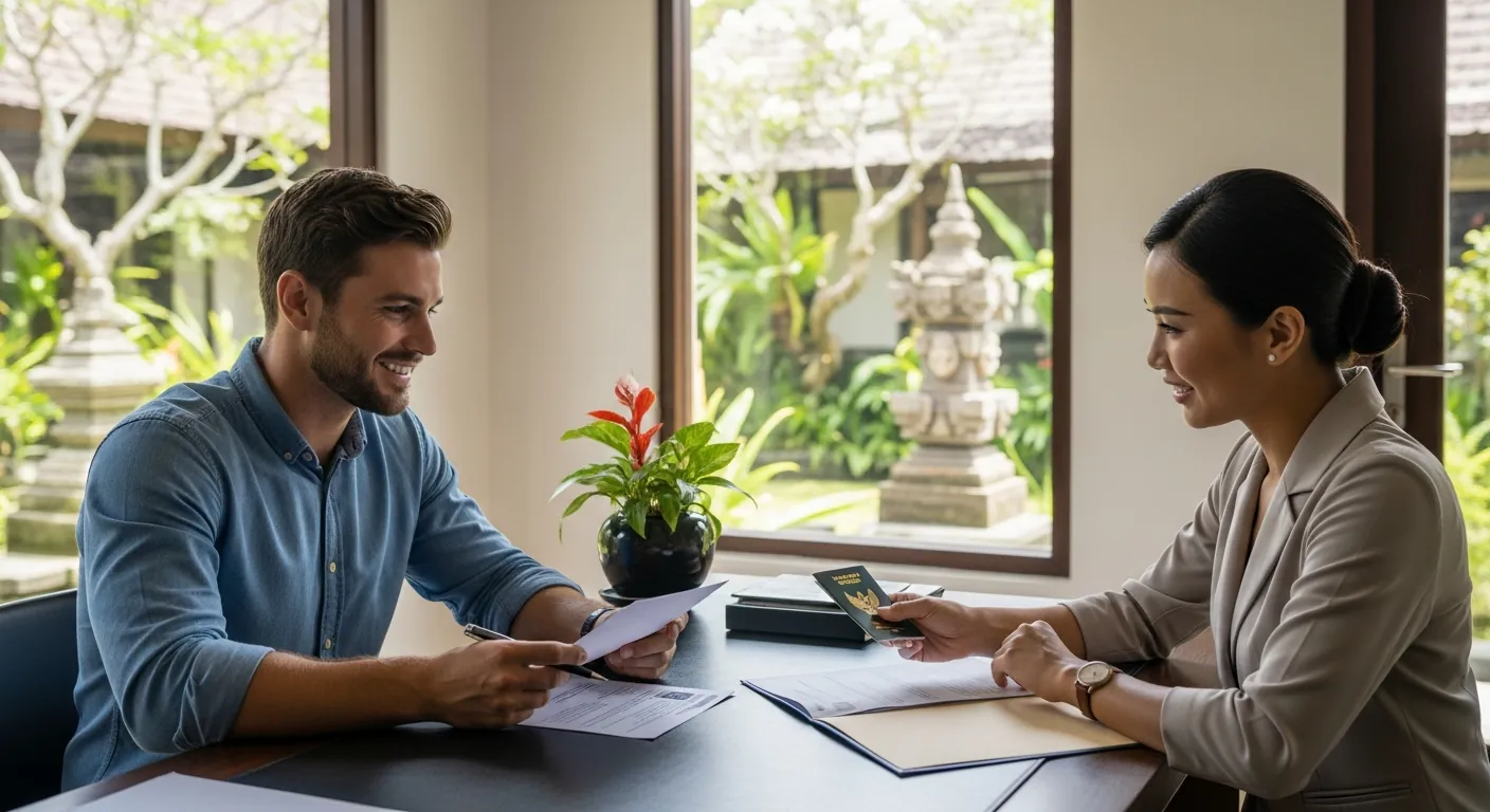 Two professionals reviewing visa documents in a stylish Balinese office, surrounded by tropical greenery.